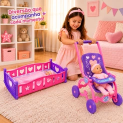 Kit Berço e Carrinho de Boneca Infantil Passeio Criança