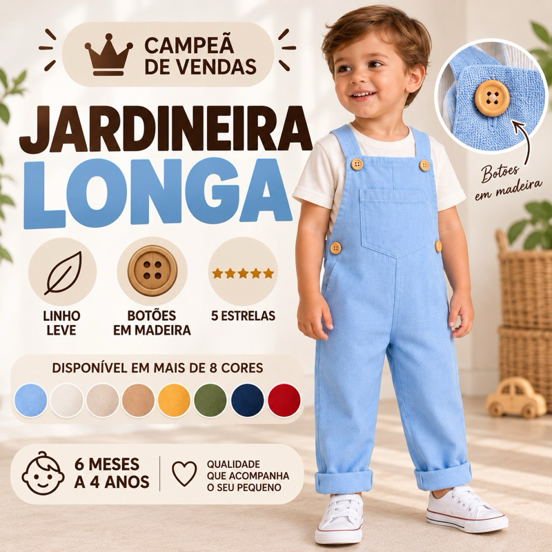 Jardineira LONGA Infantil Menino bebê Macacão em linho