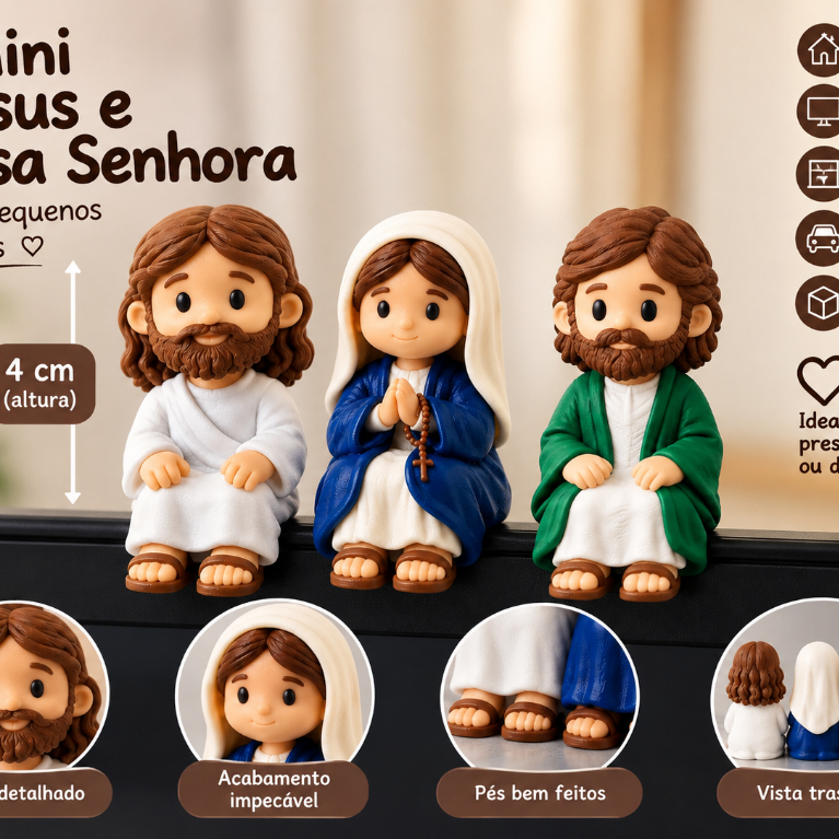 Mini Jesus ou Mini Maria Sentado 4cm Decorativo em Impressão 3D Para Mesa Monitor Prateleira Nicho