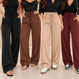 Kit 3 Calça Feminina Pantalona Duna Com Bolso Elegante Wid Leg Crepe Duna Lazinho Premium