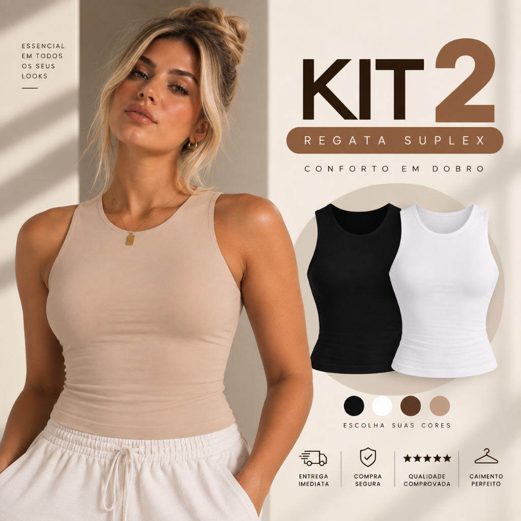 KIT 2 Regata Blusas Regatas Suplex Duplo  Elegante Tendencia Feminina Básica Academia Musculacao Moda