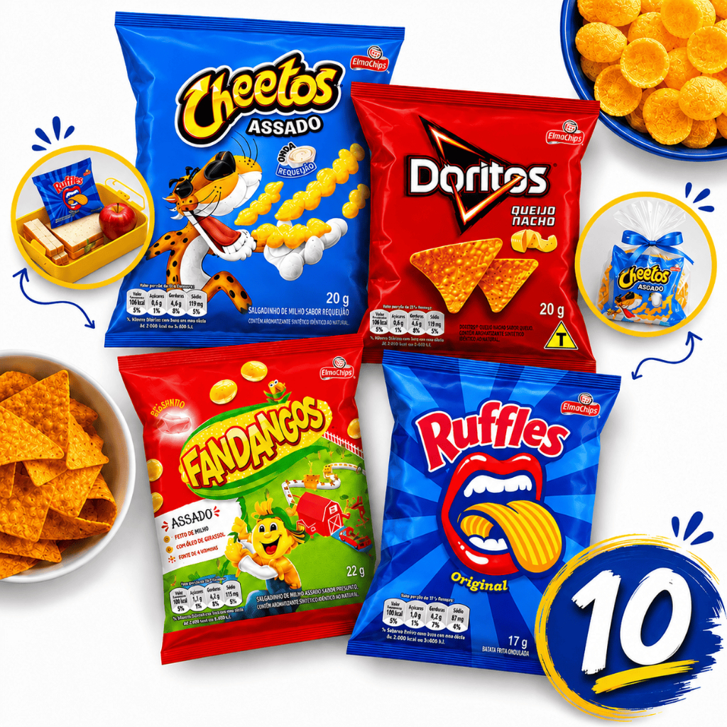 Kit 10 Salgadinhos Sortidos Elma Chips Doritos Cheetos Ruffles Fandangos Festa Lanche Lembrancinha Presente