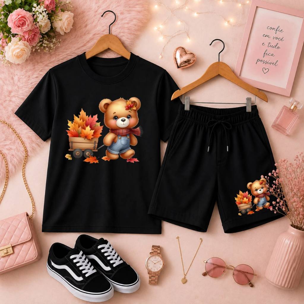 Princesinha Fashion 🌸 Conjunto Feminino Infantil Camiseta Básica com Short Moletom Estampa de Ursinho Delicado
