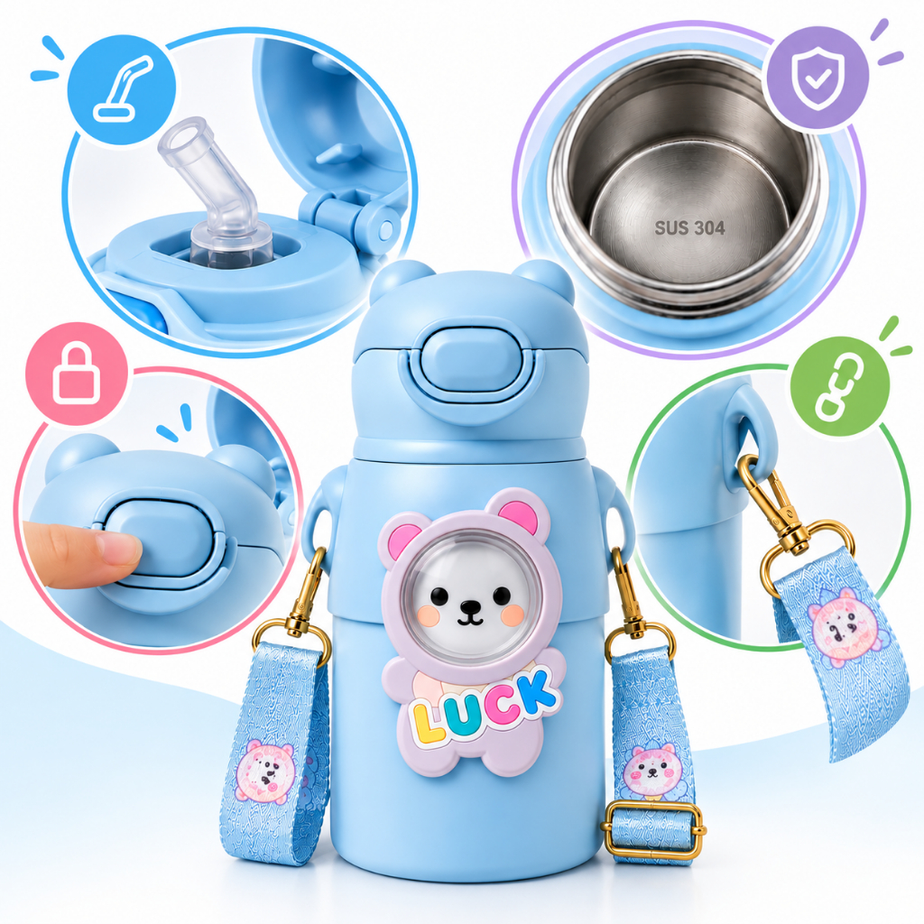 Garrafa Térmica Infantil Animais 500ml Inox com Canudo Alça Escolar — imagem 2 de 2