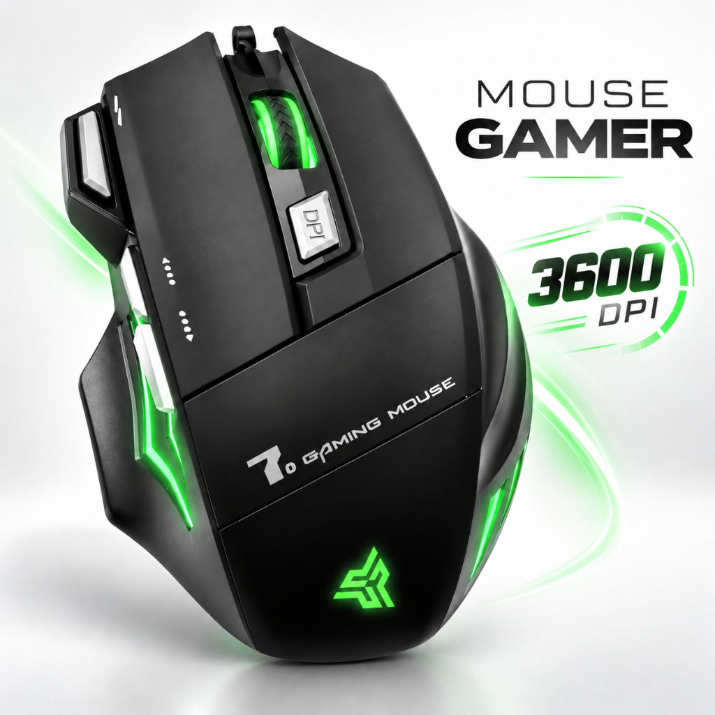 Mouse Gamer RGB Knup 3600 DPI 7 Botões USB Ergonômico com Fio para PC Gamer Computador Anúbis KP-V4