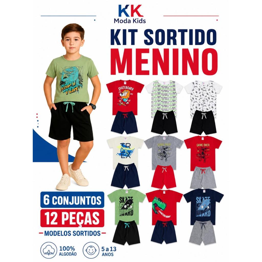 Kit 12 Peças Sortidas Roupa Infantil Menino Verão 6 Camisetas + 6 Bermudas 6 Conjuntos Masculinos Tam 1 ao 14