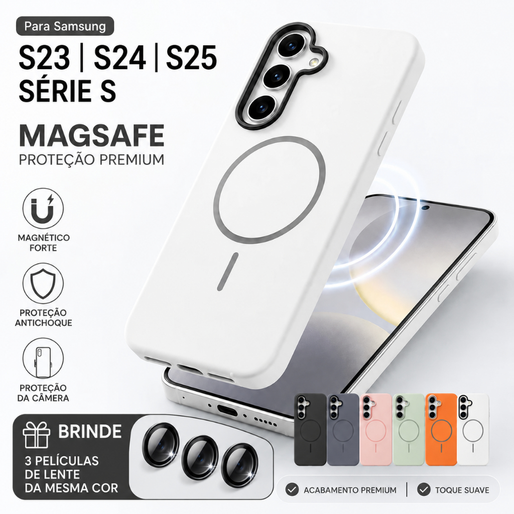 Capa revestimento de lente Samsung S23 S24 S25 Ultra Plus MagSafe Silicone Premium Antichoque Toque Macio Proteção Total