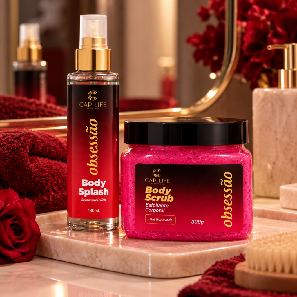 Kit Obsessão Cap Life Body Splash 130ml + Body Scrub Esfoliante Corporal 300g