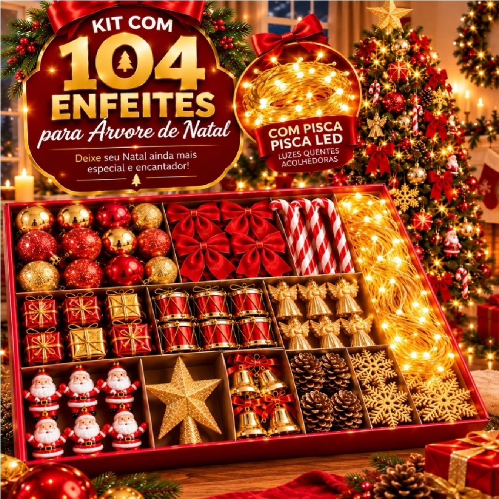 Kit 104 Enfeites Para Arvores De Natal Pendentes Decoração Bolinha Pisca Pisca Noel Presentes Enfeites de Luxo