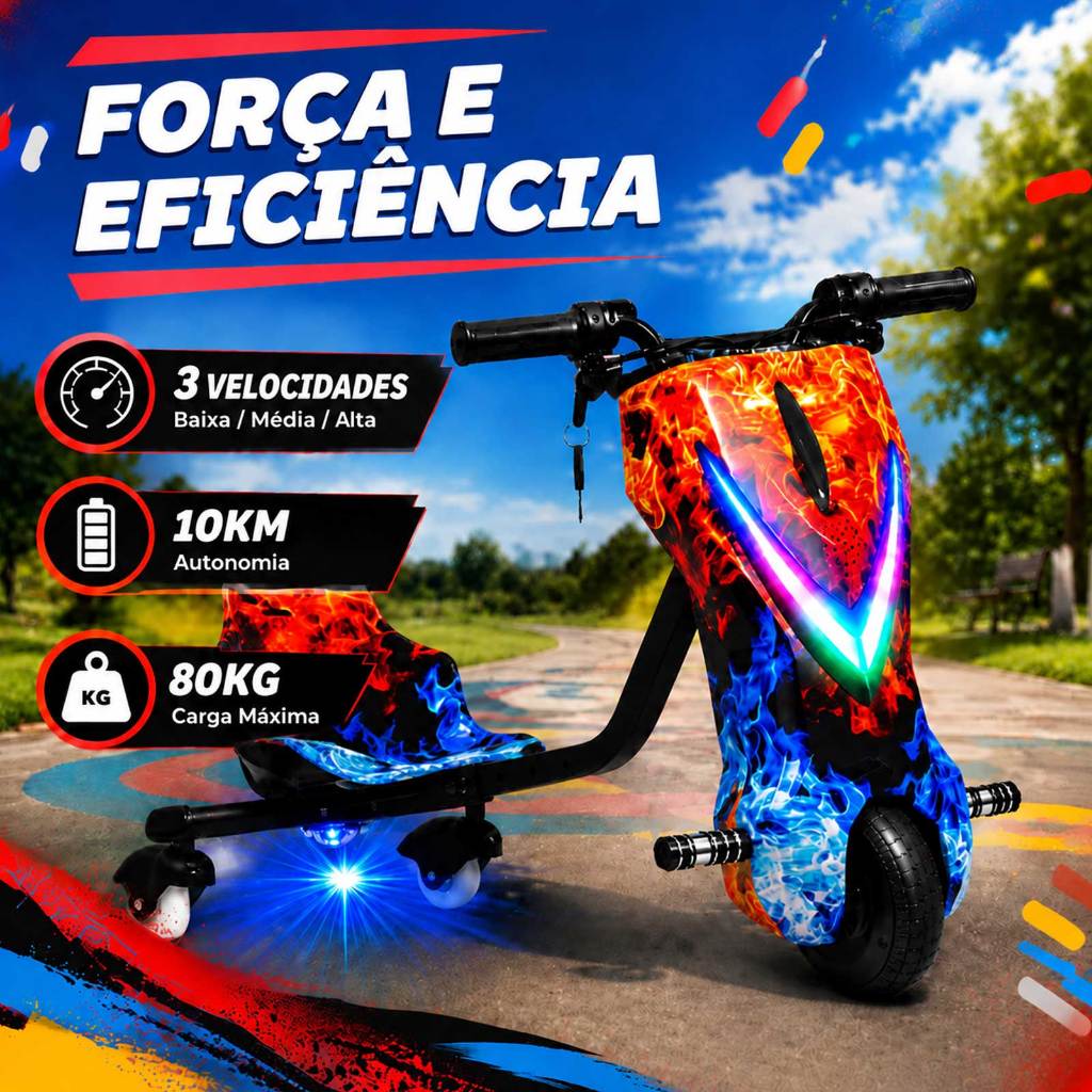 8.5" Triciclo Elétrico Drift Motorizado 350W  Adulto/Infantil Polegadas 3 Velocidades Bluetooth Led
