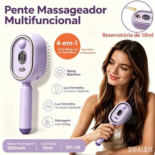 Escova Massageadora Capilar 4-em-1 com Spray, Luz Vermelha, Autolimpeza, Reservatório 10ml, USB Recarregável