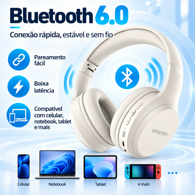 Fone de Ouvido Bluetooth Sem Fio Dobrável com ANC e Microfone para Música, Chamadas e Viagem