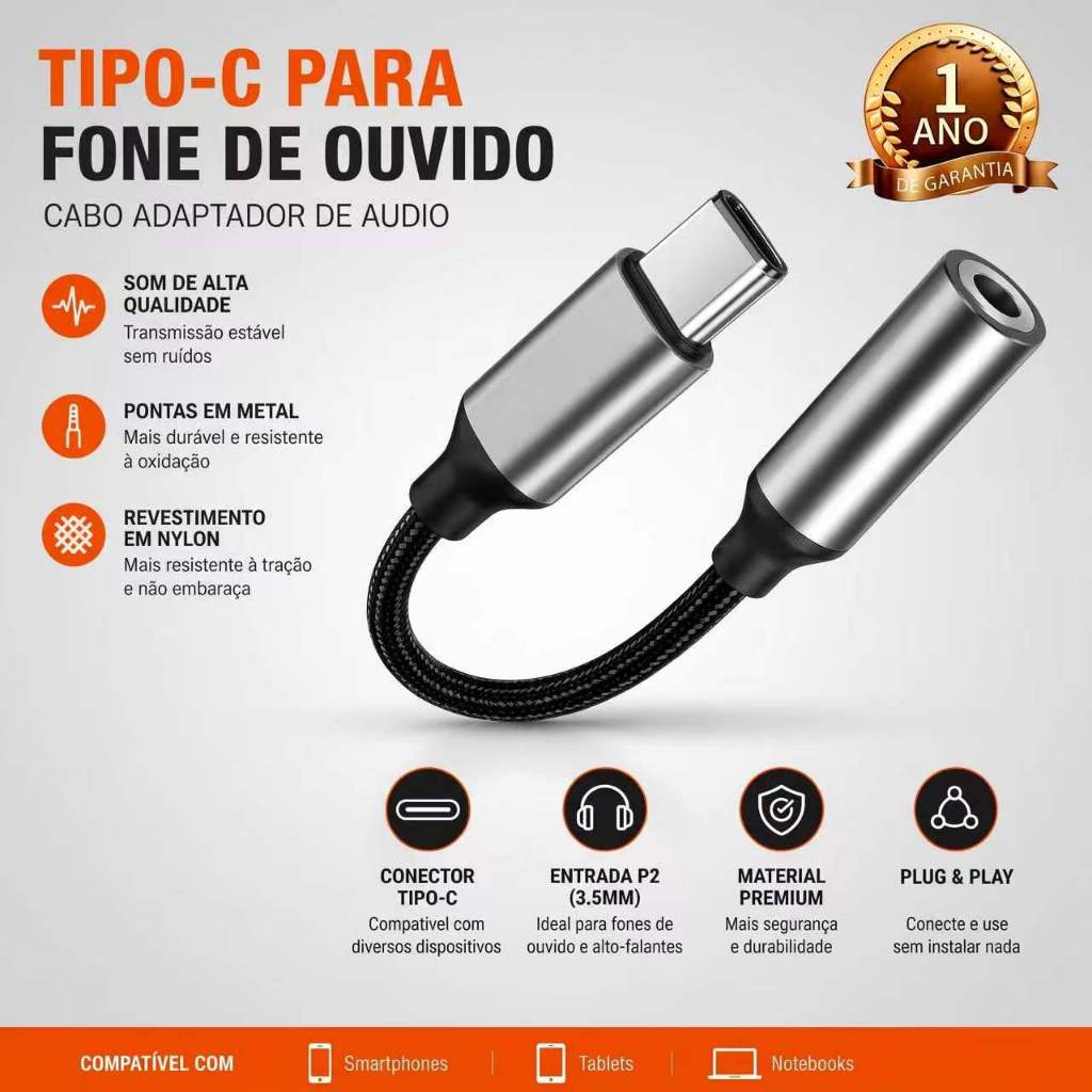 【Brasil Spot Sale】Adaptador Tipo-C para Fone 3.5mm P2 P3 CBA13 com DAC Áudio HD para Celular Android USB-C