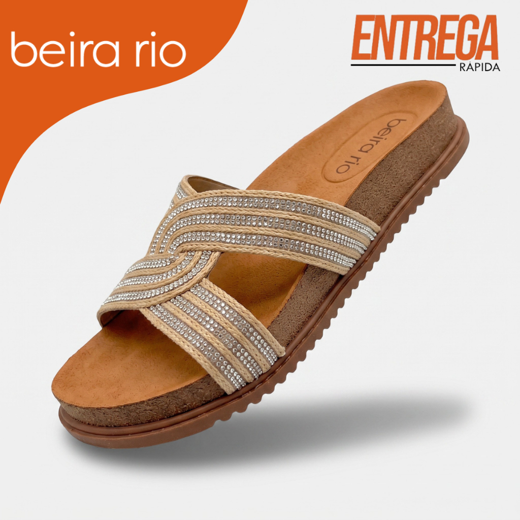 Sandália Birken Papete Beira Rio Flatform Tiras Brilho Strass Anatômica Confortável Original