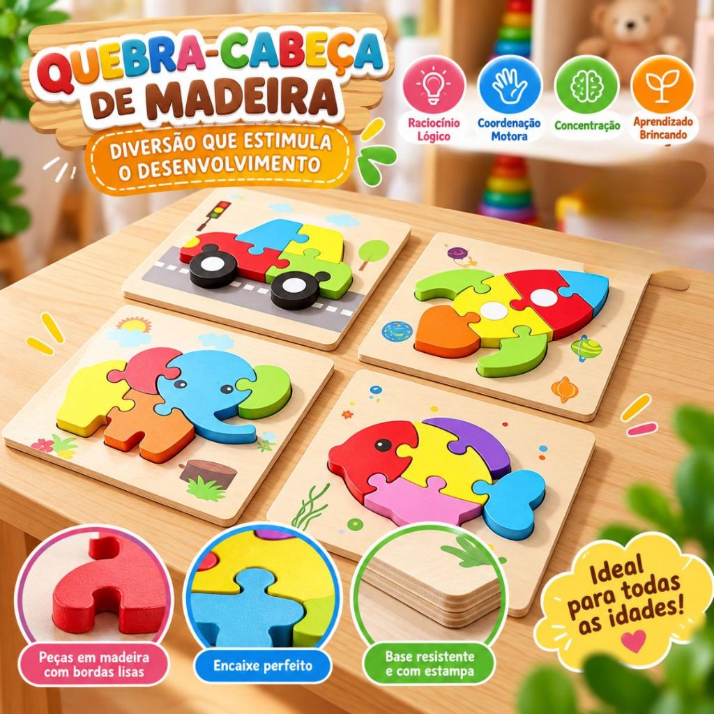 Kit Quebra-Cabeças de Madeira Infantil Sortidos Animais Formas e Personagens Coloridos Educativo