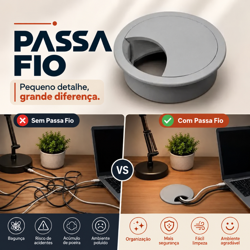 Kit 2 Passa Fio Passa Cabo Organizador de Cabos 45mm ou 59mm para Mesa Móveis Escritório Home Office