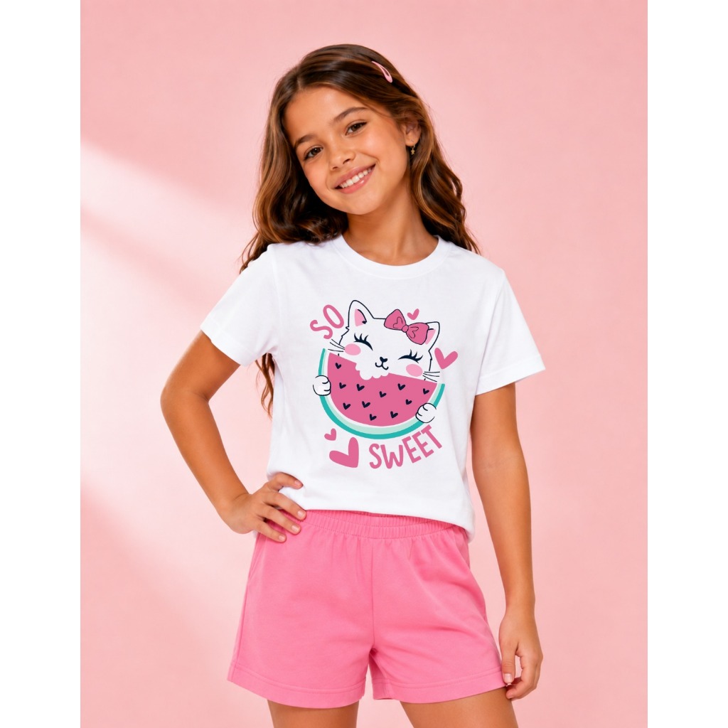 Conjunto Menina Camiseta e Short Moletinho Tecido Leve Roupa Criança Feminino Infantil Verão
