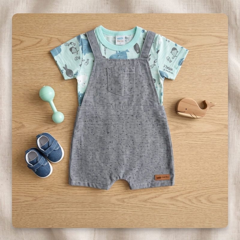 Conjunto Jardineira Bebê Menino Macacão Salopete + Camiseta Fundo do Mar Baleia