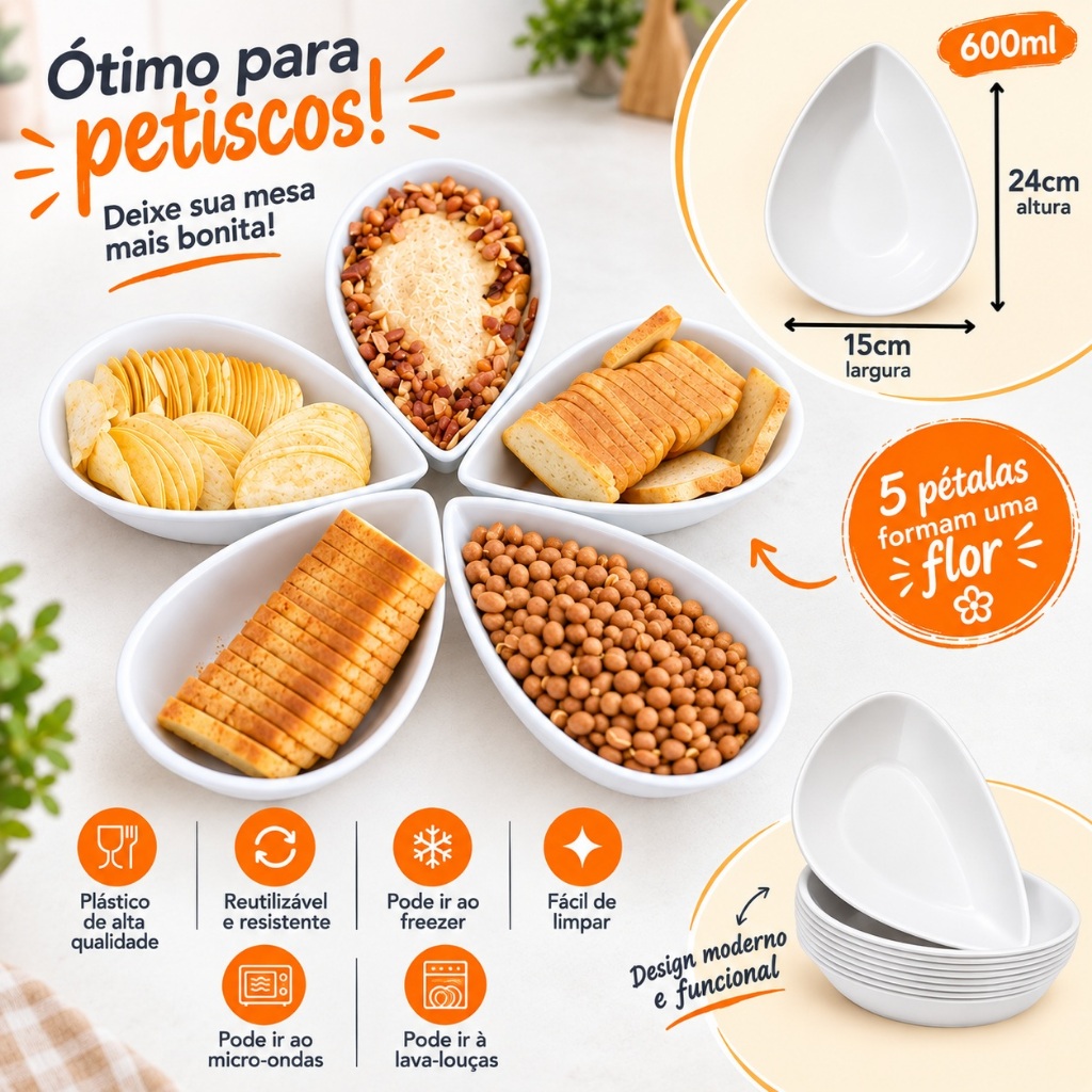 Kit 5 a 50 Petisqueiras Pétala Gota Canoa Petisco Churrasco Festa Frios Servir Amendoim Caldo Porção