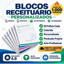 Blocos Receituário Timbrado Personalizado 50 Folhas Express 24h | Médico Dentista Nutricionista Veterinário | A5 ou A4