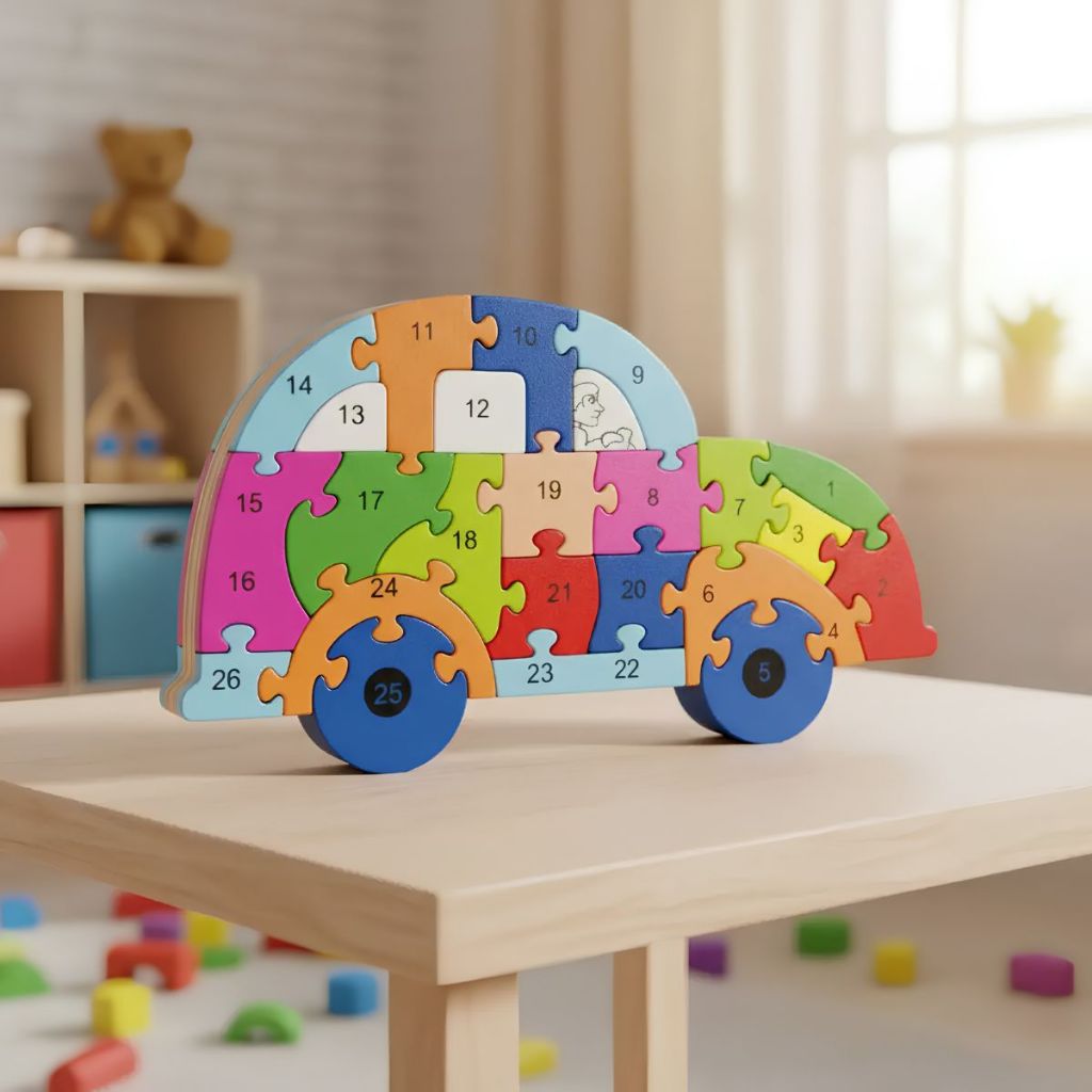 Quebra-cabeça Madeira Infantil Educativo Montessori Carrinho Com 26 Peças Numeradas