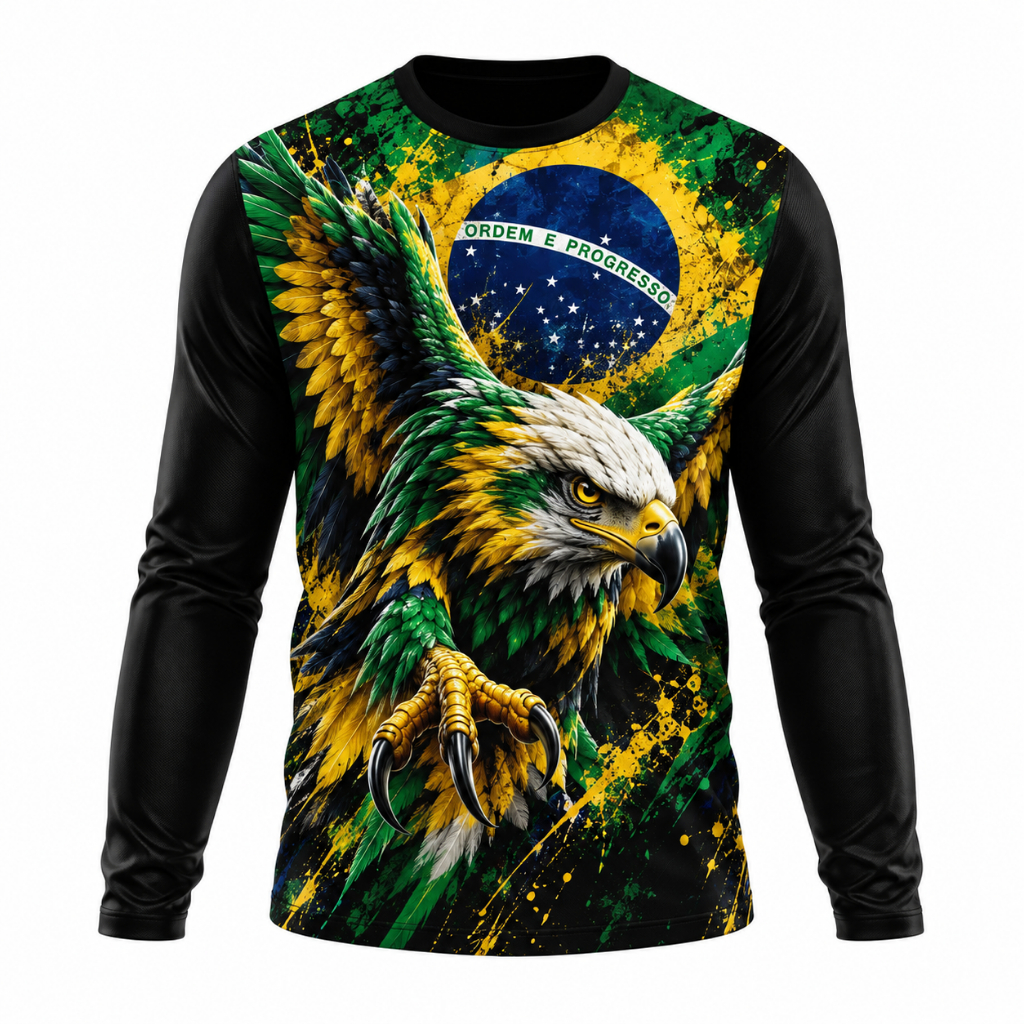 Camiseta blusa Brasil Manga Longa Proteção Solar Masculina/Feminina Dry Fit UV50+ Camisa Patriota Estampada termica