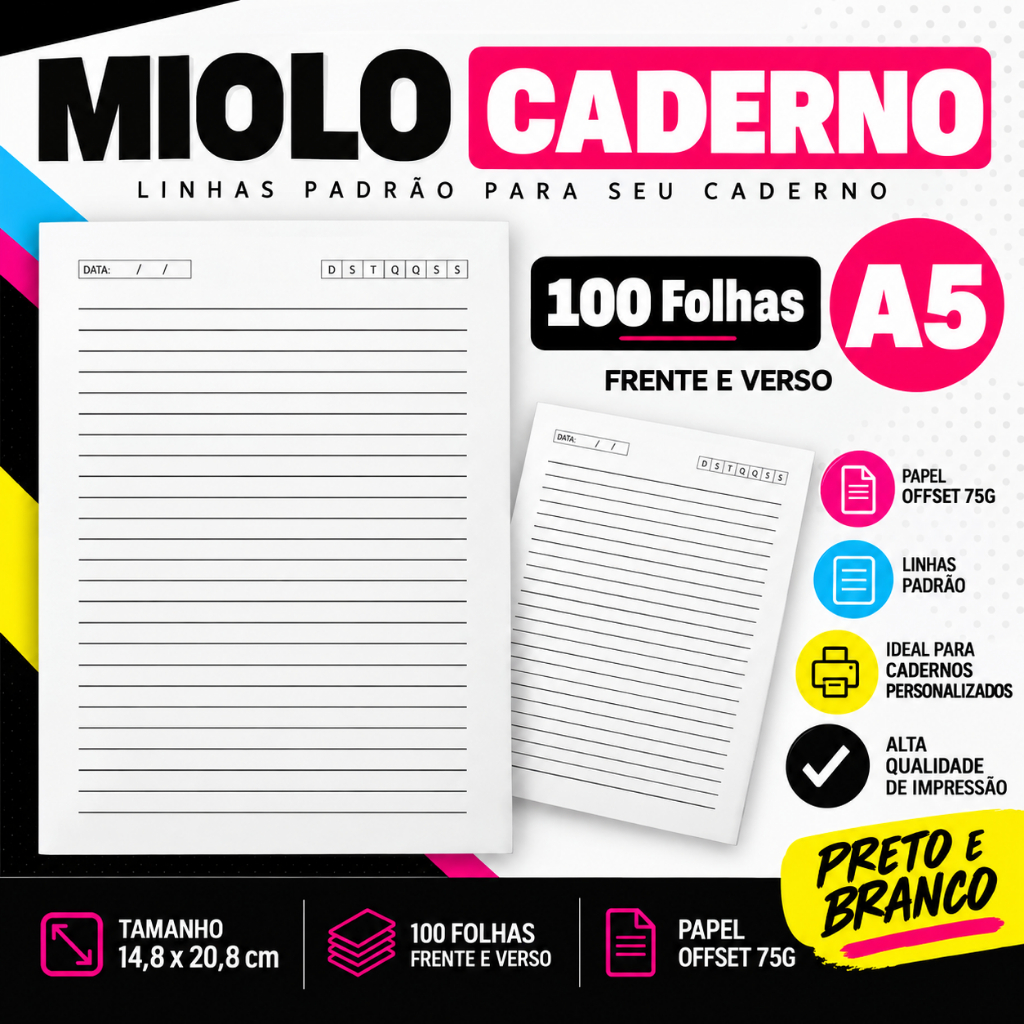 Miolo Pautado A5 para Caderno 100 folhas - Offset 75G. 1/1 PB - Pacote 05 unidades