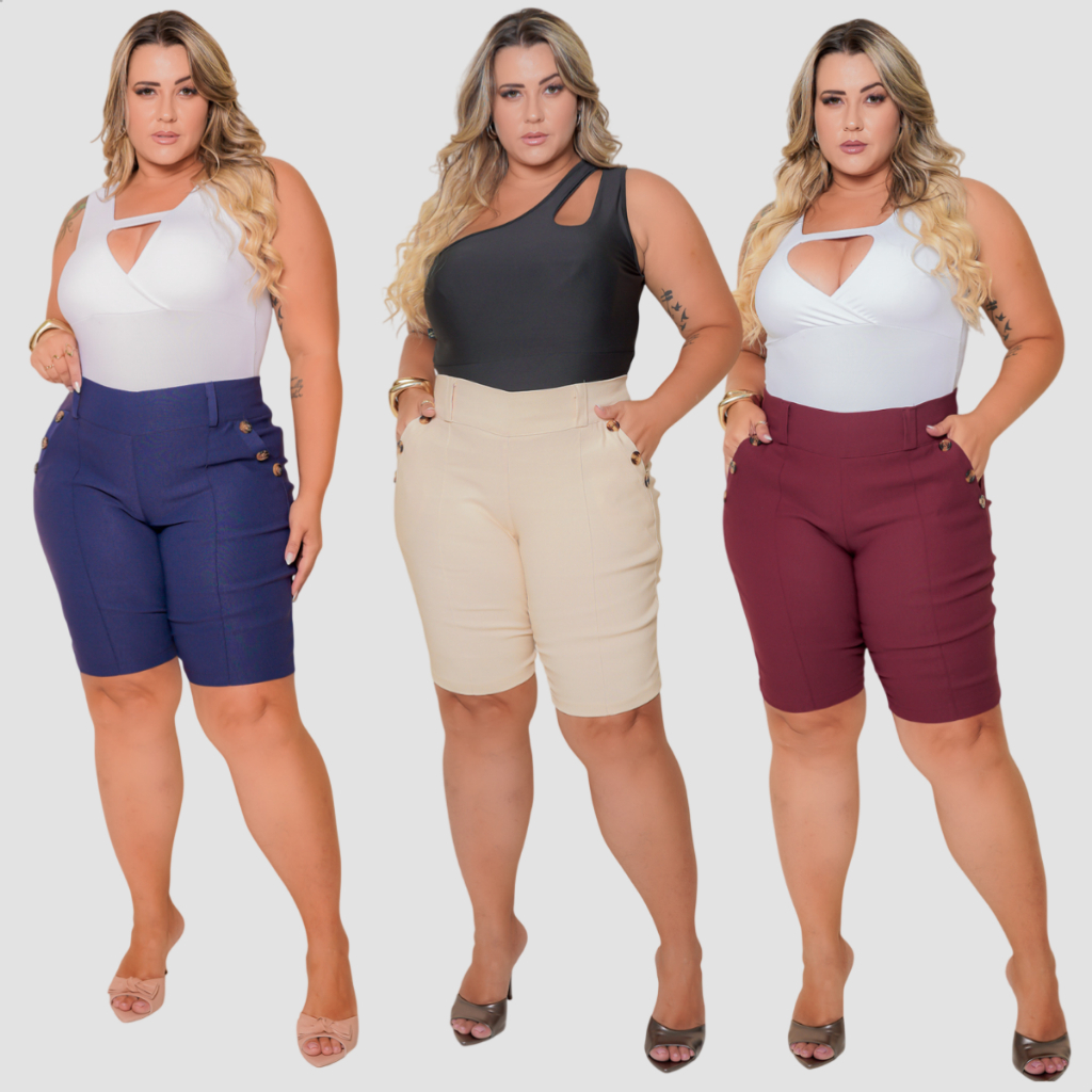 Kit 3 Bermudas Feminina Plus Size Social 6 Botões Elegante Confortavel Tecido Alfaitaria Bengaline 40 Ao 52 — imagem 2 de 2