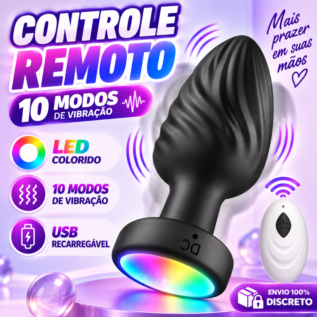 Plug Anal Vibratório 10 Modos com Controle Remoto LED Colorido Recarregável