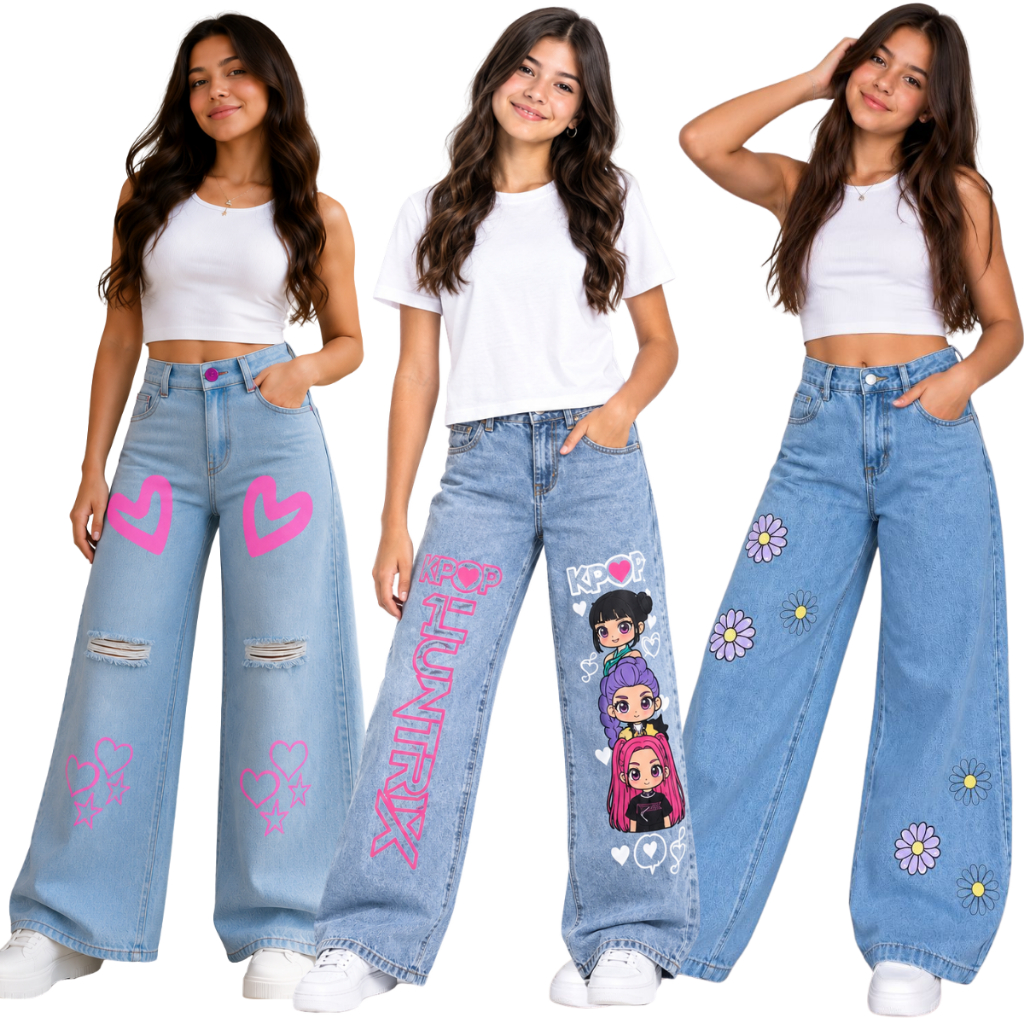 Kit 3 Calças Wide Leg Pantalona k-pop Infantil Juvenil Estilosa Jeans Premium Moda Bloguerinha