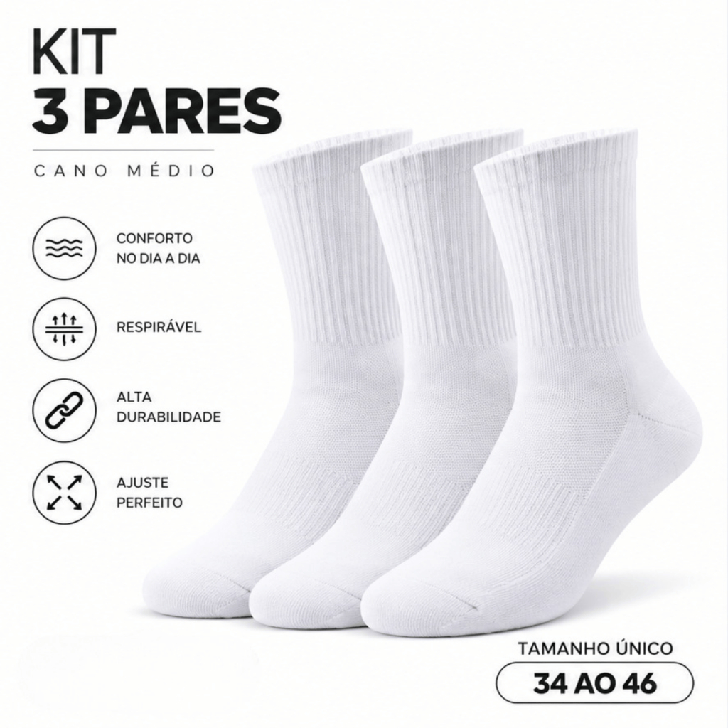 KIT 3/6/9 Pares Meia Branca Feminina Masculina Cano Médio Dia a Dia Fitness Confortável Respirável Esportiva
