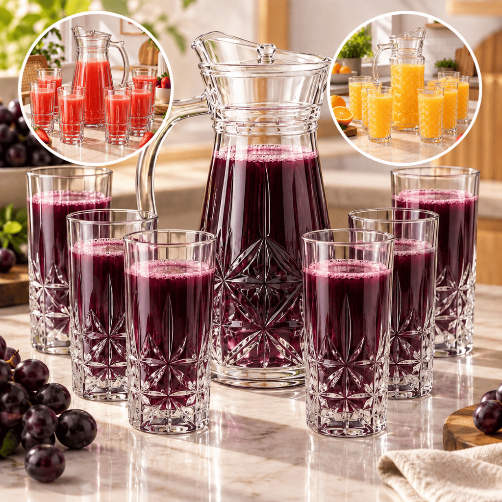 Jarra de Vidro 1,7L com 6 Copos 370ml Conjunto para Suco Água Bebidas Design Diamante