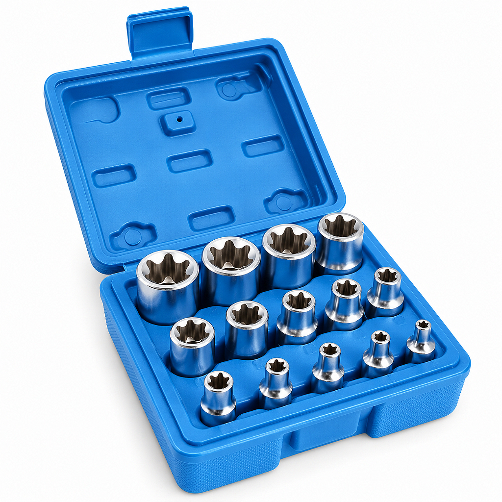 Jogo de Soquetes E-Torx Fêmea 14 Peças E4 a E24 com Estojo