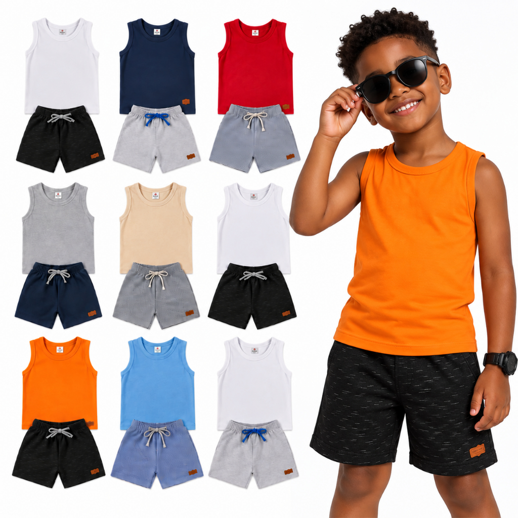 Kit Conjunto Infantil Menino Regata + Bermuda do 2 ao 12 Anos | Roupa Infantil Menino Verão Conjunto Regata Menino Verão