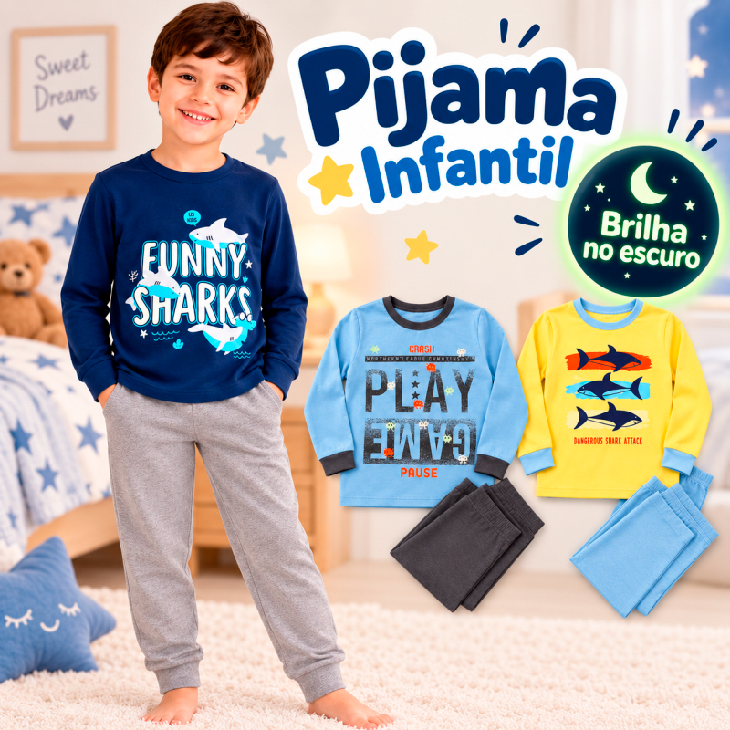 Conjunto Pijama Infantil Menino Quentinho Inverno Estampa que Brilha no Escuro Confortável