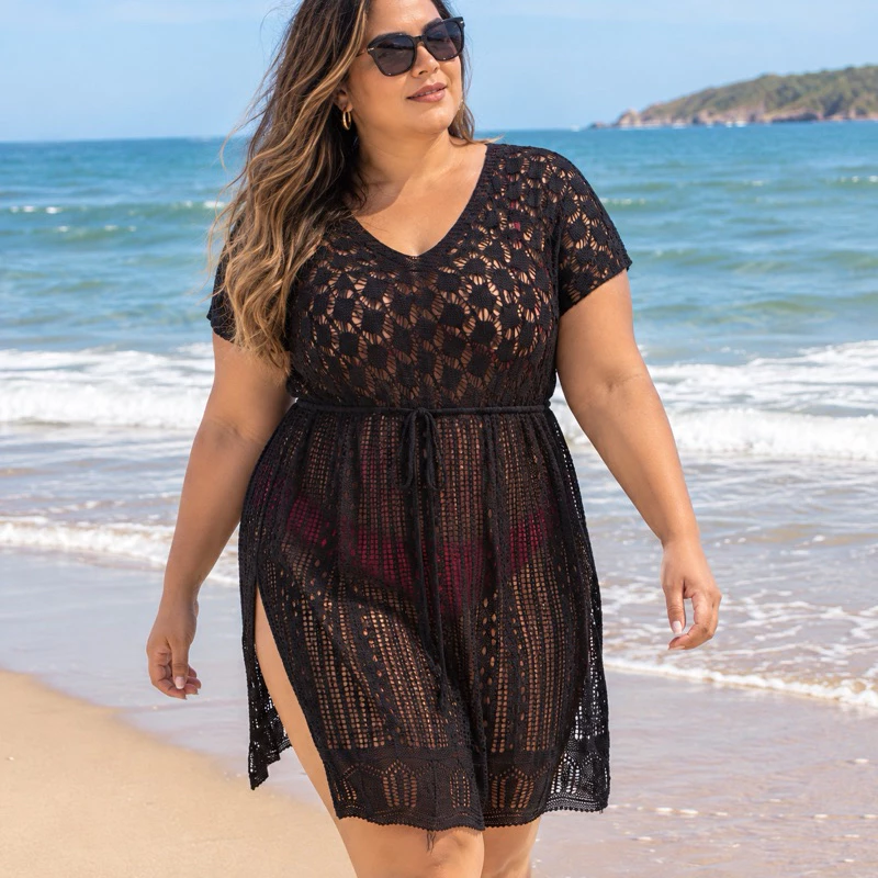 Saída de Praia Feminina Plus Size Tricô Crochê Preta com Fenda e Cordão Verão Praia — imagem 1