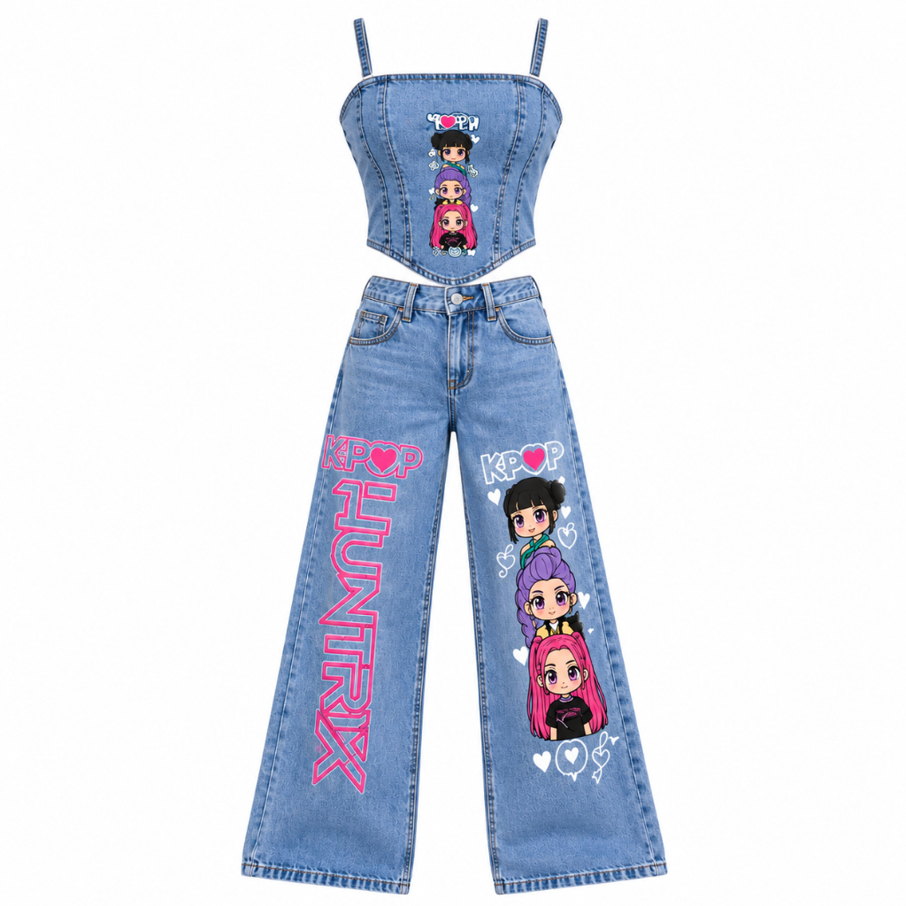 Conjunto Jeans Infantil  juvenil Cropped e Calça  Fashion Blogueirinha