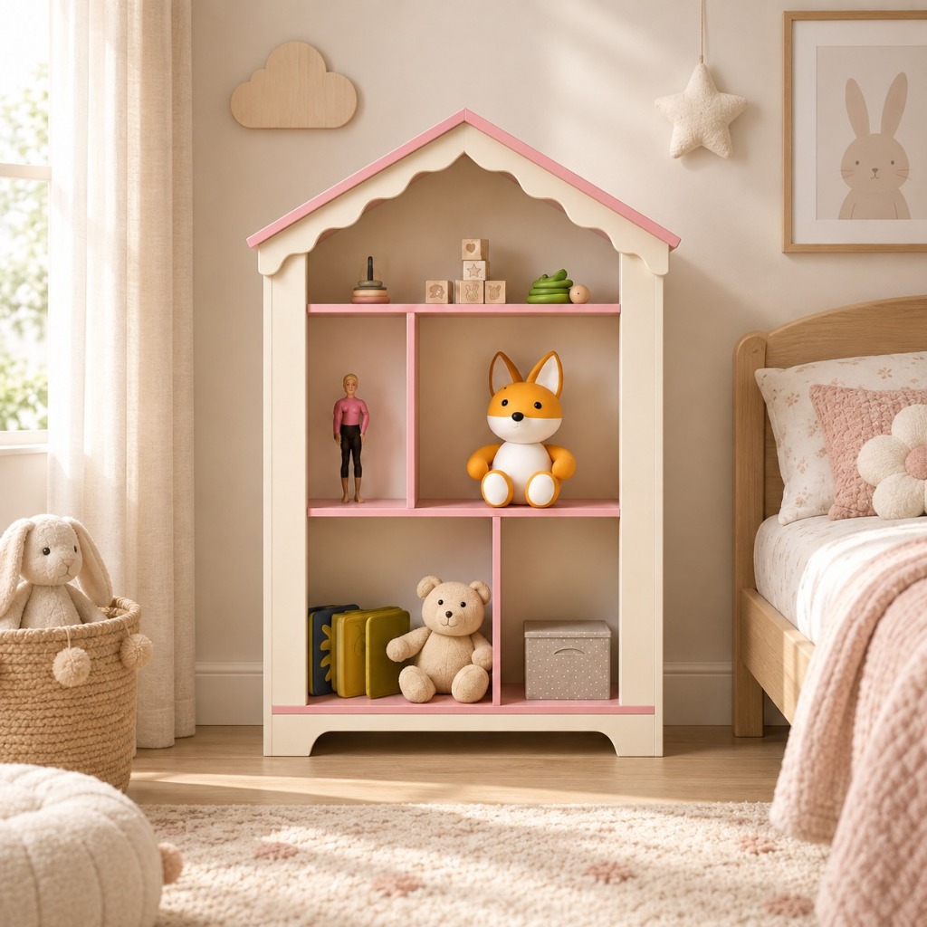 Estante Infantil para Criança Modelo Casinha com Prateleiras e em MDF Rosa Branco