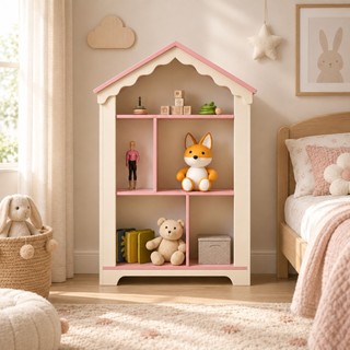 Estante Infantil para Criança Modelo Casinha com Prateleiras e em MDF Rosa Branco