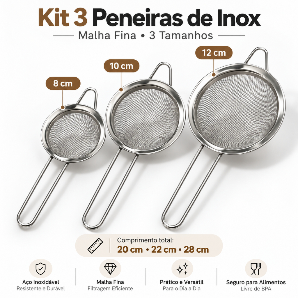 Kit 3 Peneiras de Inox Malha Fina 8cm 10cm 12cm com Cabo Longo para Chá Café Suco Cozinha