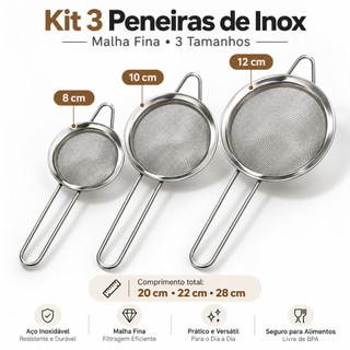 Kit 3 Peneiras de Inox Malha Fina 8cm 10cm 12cm com Cabo Longo para Chá Café Suco Cozinha