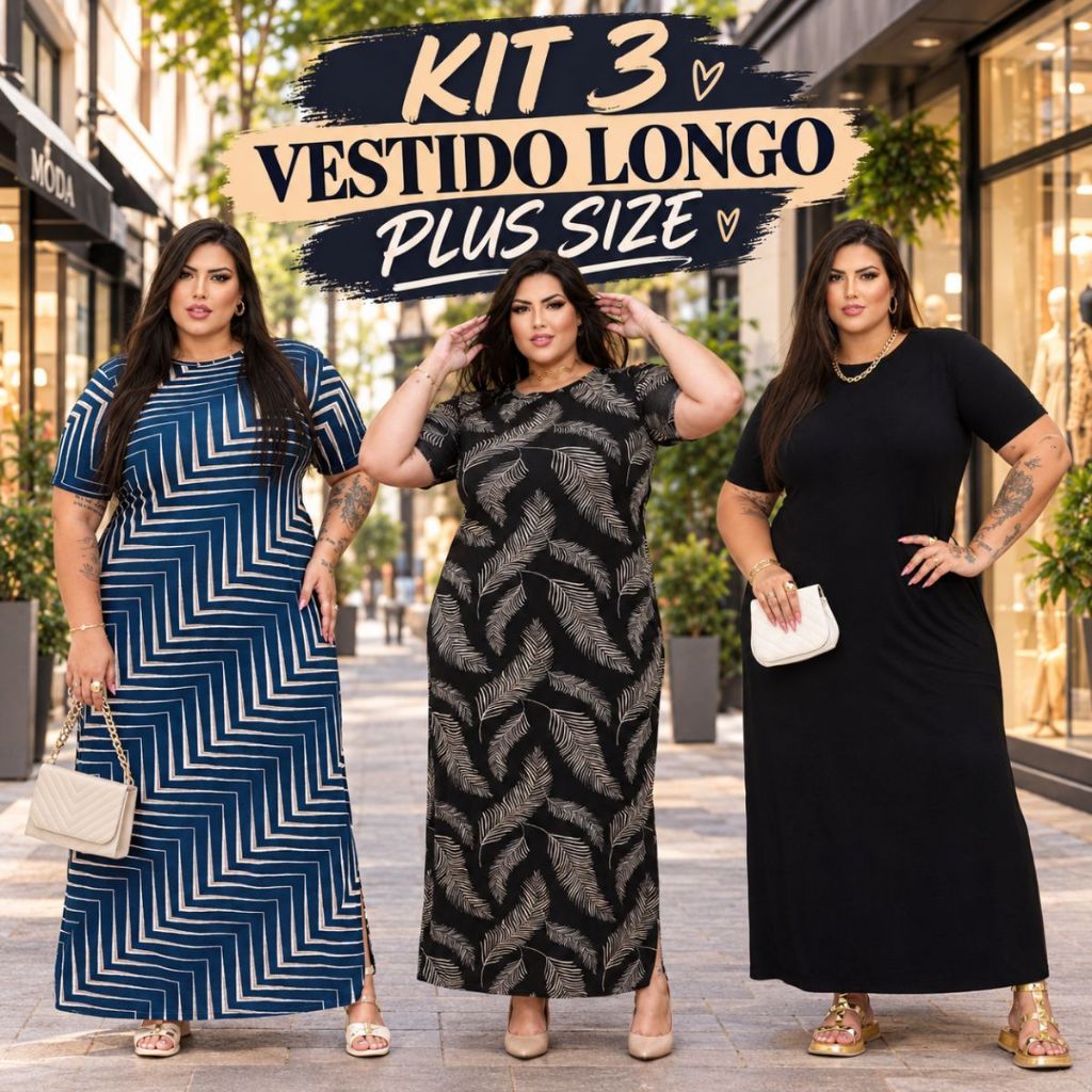 Kit 3 Vestidos Longos Plus Size Curve Festa Evangélico Social veste do 42 ao 58 Verão Feminino Sise