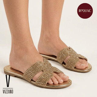 Rasteira Feminino Vizzano Luxo Strass Rasteira Brilho Cravejado Tira em H Nova Slide Original