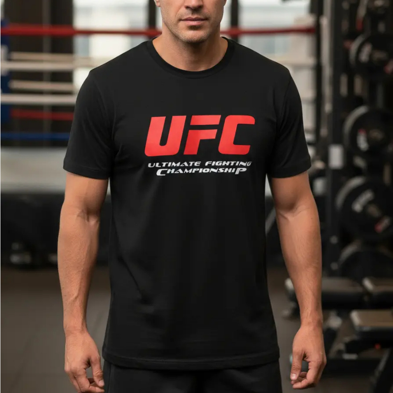 Camiseta masculina UFC algodão casual esportiva manga curta academia musculação treino luta MMA pret