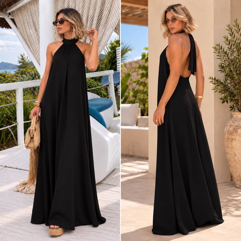 Vestido Longo Feminino Gola Alta Costa Nua Frente Única Festa Formatura Madrinha Civil
