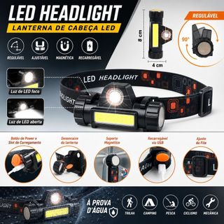Lanterna de Cabeça Led Alta Potência com lanterna dianteira carregador USB Bivolt Resistente à água