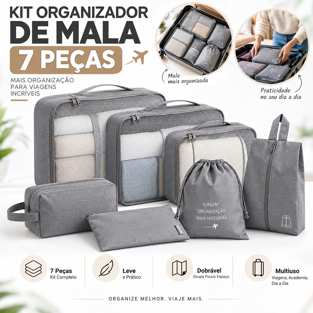 Kit Organizador de Mala 7 Peças para Viagem Bagagem Roupas Sapatos Acessórios Nylon Resistente Dobrável Zíper Reforçado