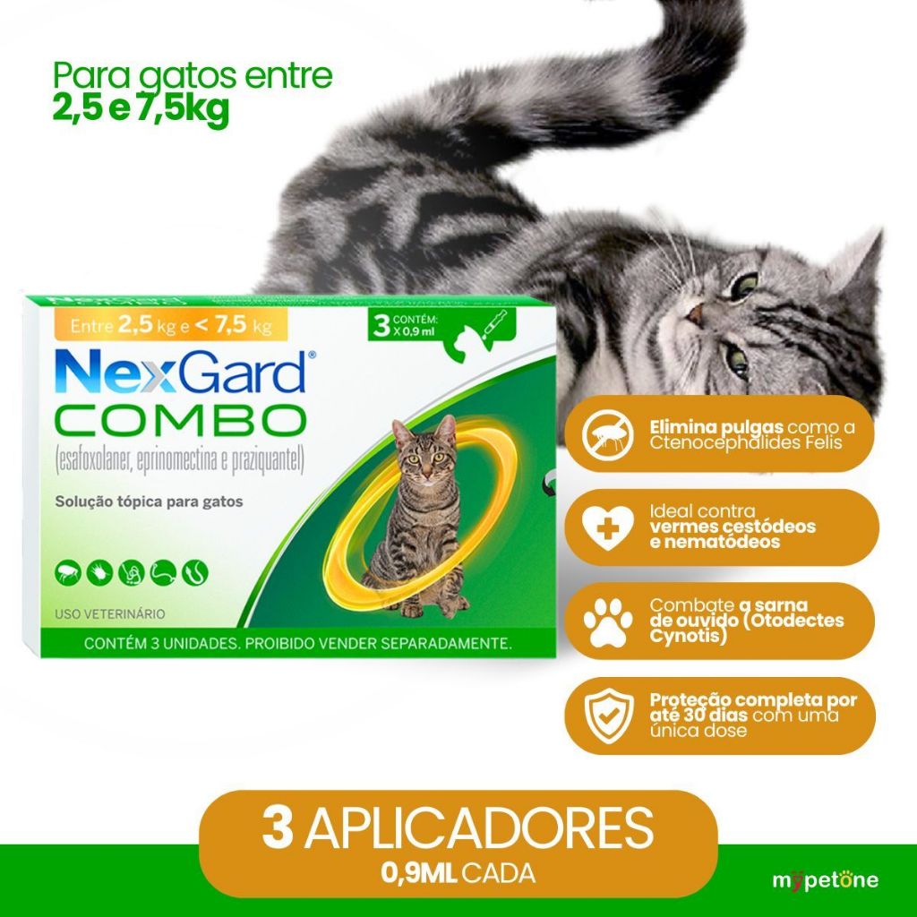 NexGard Gatos 2,5Kg até 7,5Kg - 3 Aplicadores 0,9ml