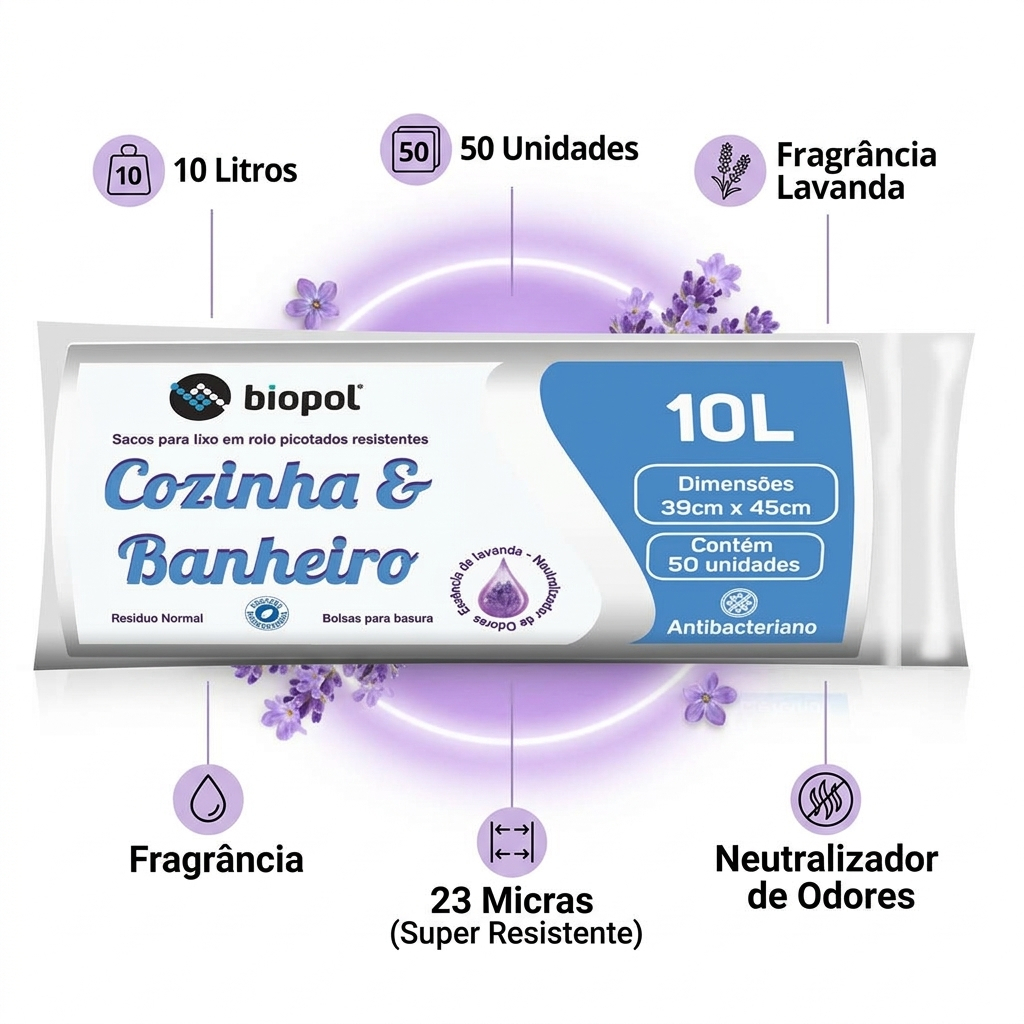 Saco de Lixo Reforçado Biopol Branco 10L com 50Un