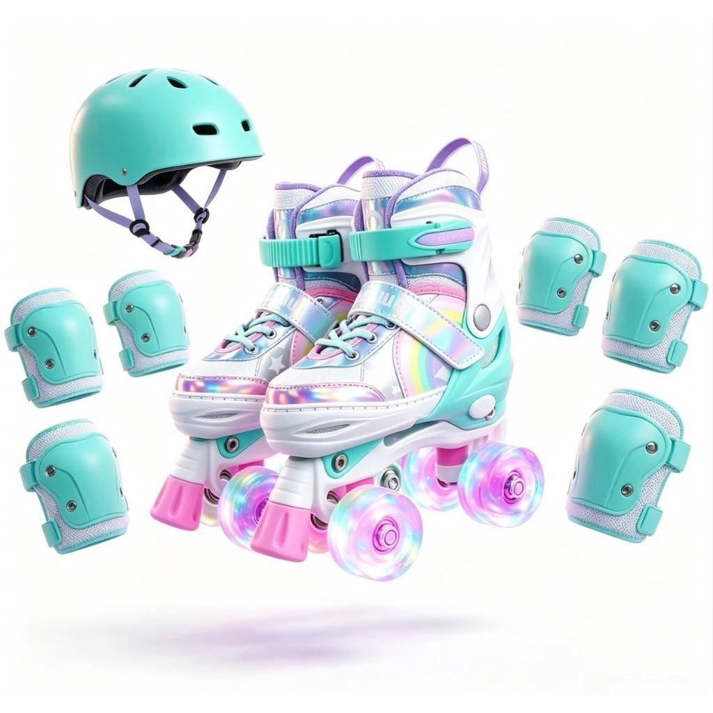 Patins Infantil 4 Rodas ARCO IRIS Com Luz De Led Top Patins Com Kit Proteção e Sem Kit Proteção Menina Menino